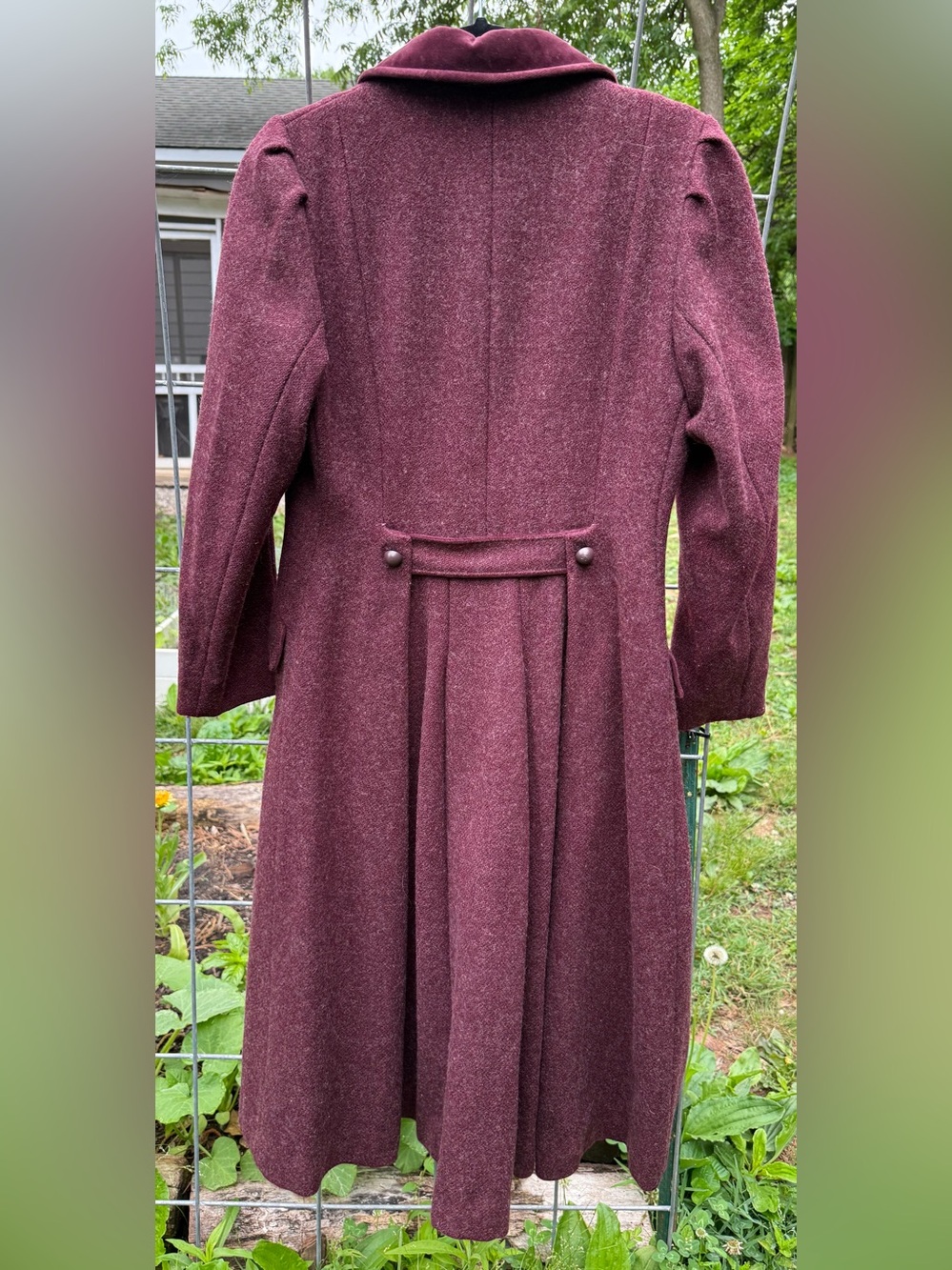 Womens Vintage Long Wool Blend Button-Front Coat - Burgundy - Picture 2 of 6